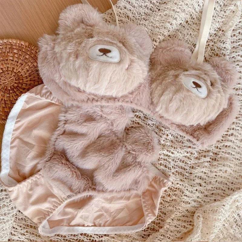 Women’s 2Pcs Furry Bra and Panty Set – Bear Pattern Fuzzy Plush Wireless Lingerie