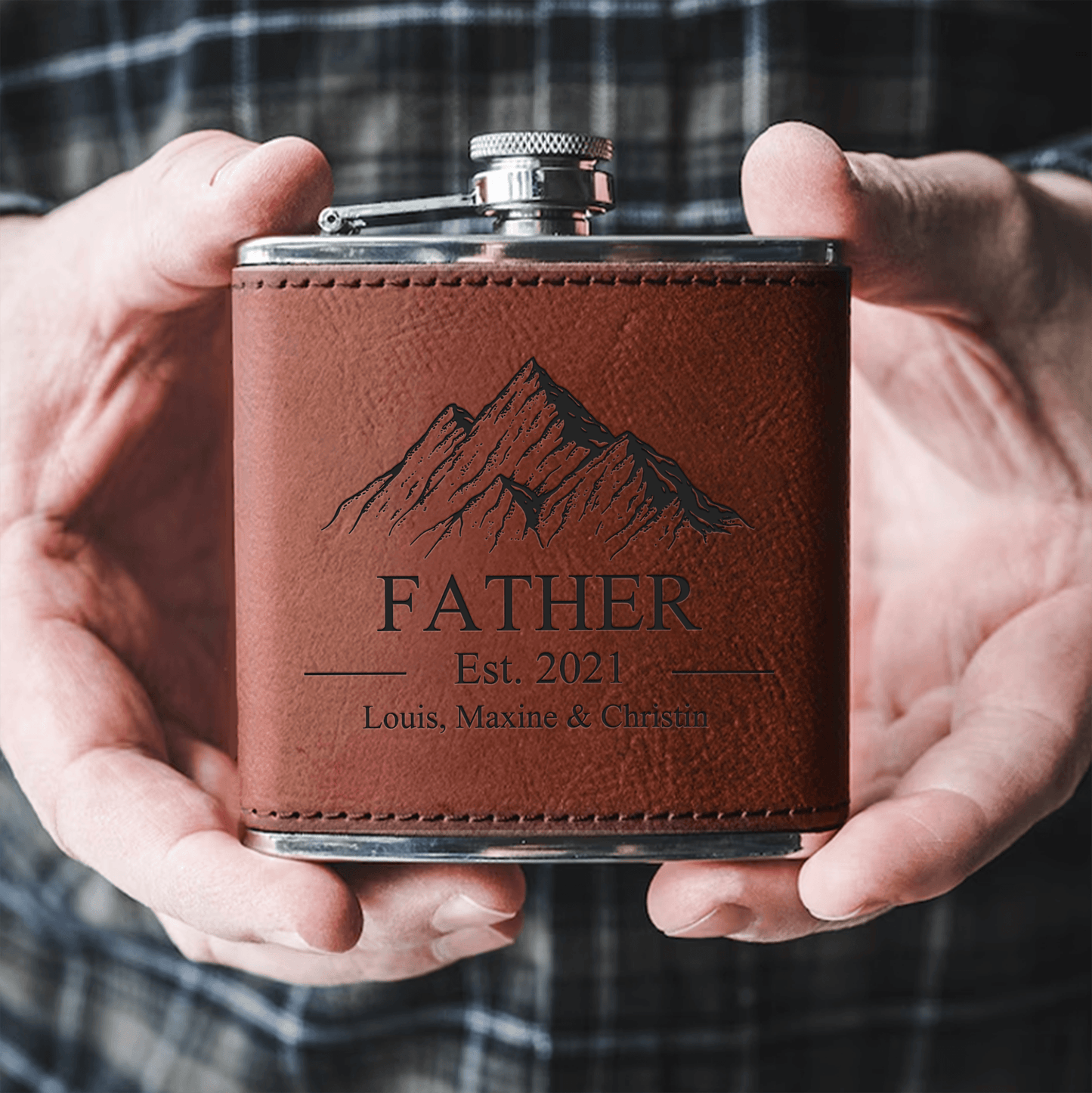 Established Father - Family Personalized Custom Hip Flask - Father's Day, Birthday Gift For Dad, Grandpa