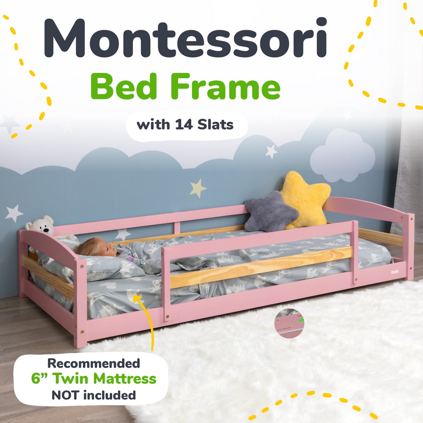 Montessori bed frame with 14 slats and bedding on a cloud-themed background
