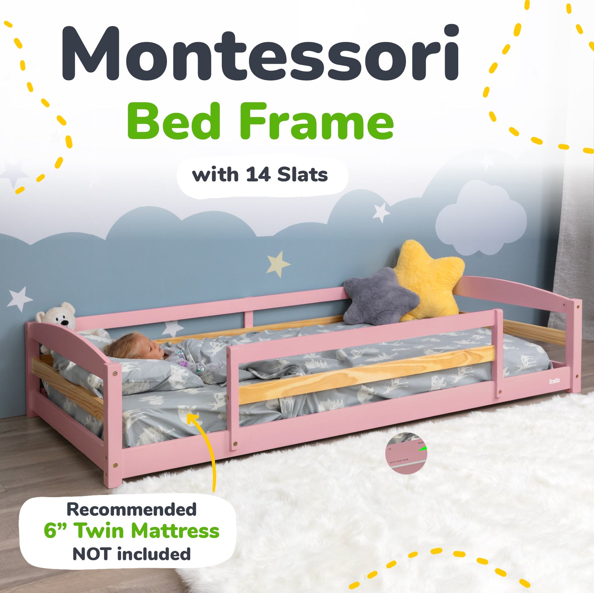 Montessori bed frame with 14 slats and bedding on a cloud-themed background