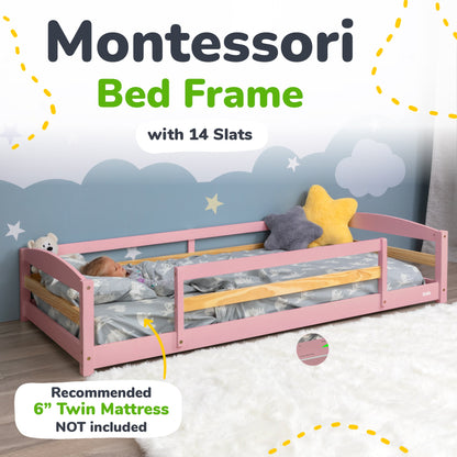 Montessori bed frame with 14 slats and bedding on a cloud-themed background