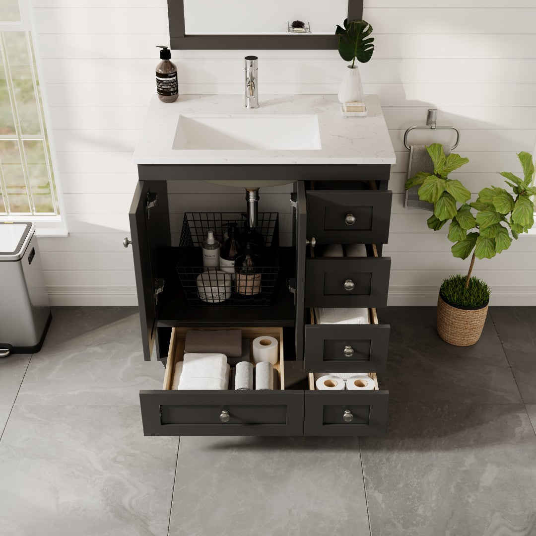 Eviva Happy Bath Vanity with Carrara Quartz Top and Undermount Porcelain Sink (24"-30")
