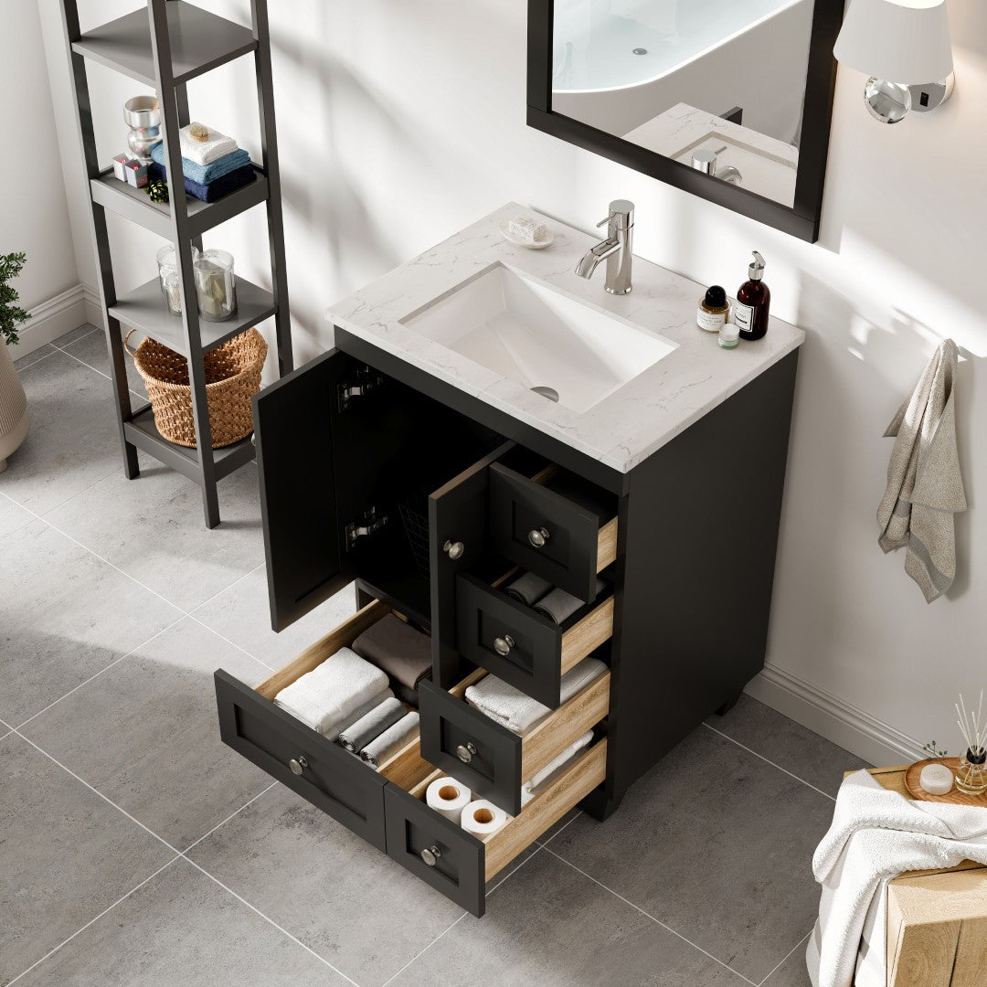 Eviva Happy Bath Vanity with Carrara Quartz Top and Undermount Porcelain Sink (24"-30")