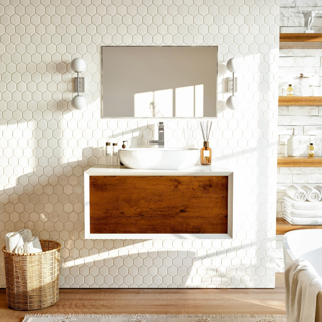 Eviva Santa Monica Wall Mount Bath Vanity with Acrylic Top and Vessel Solid Surface Sink (30"-36")