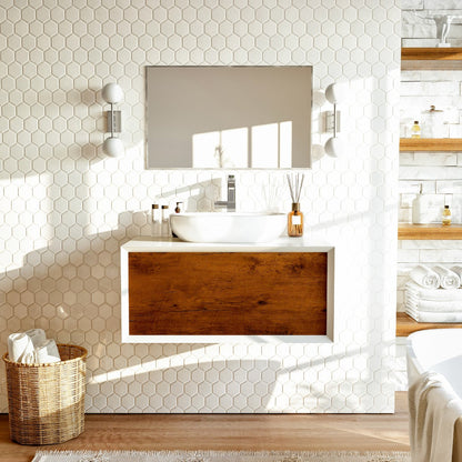Eviva Santa Monica Wall Mount Bath Vanity with Acrylic Top and Vessel Solid Surface Sink (30"-36")