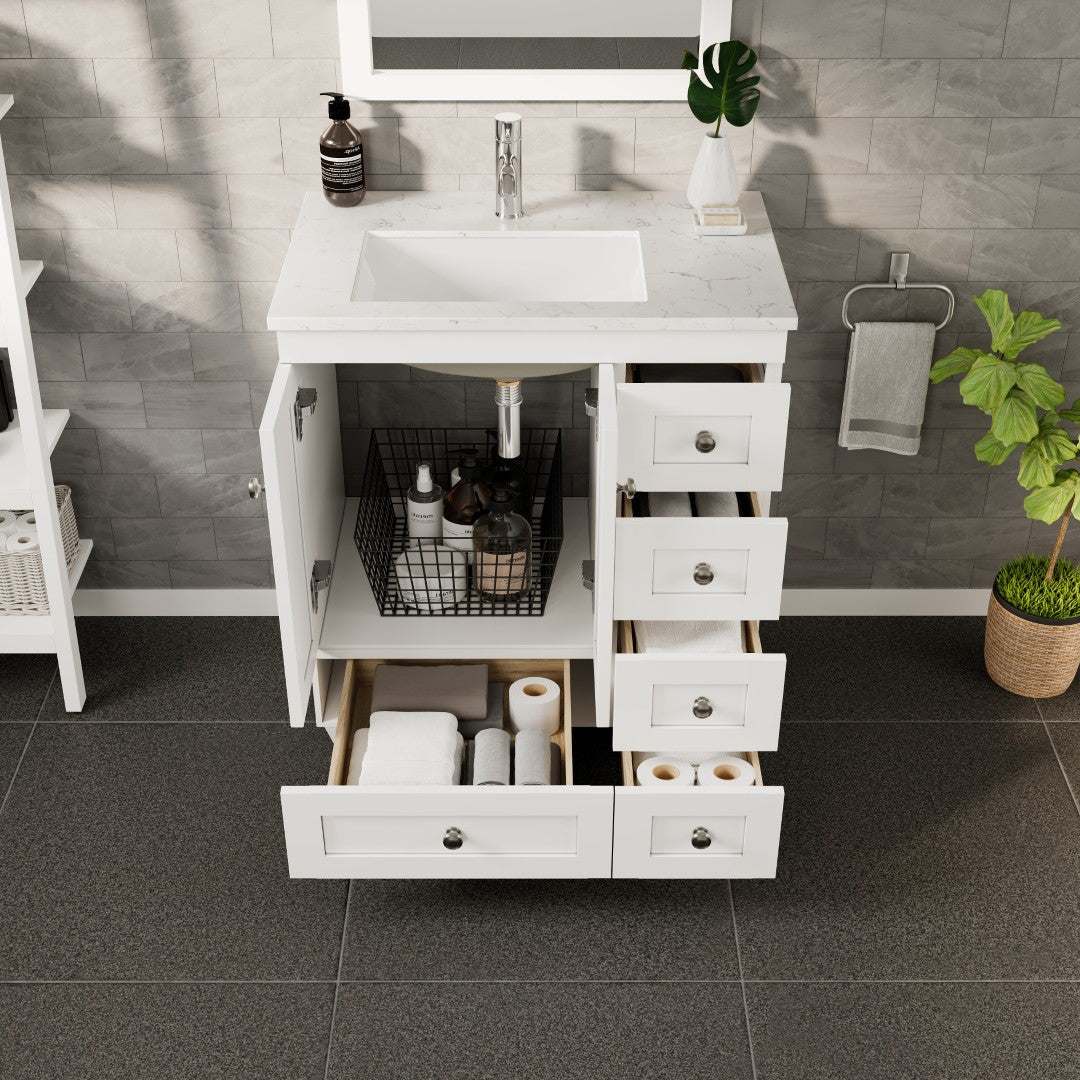 Eviva Happy Bath Vanity with Carrara Quartz Top and Undermount Porcelain Sink (24"-30")