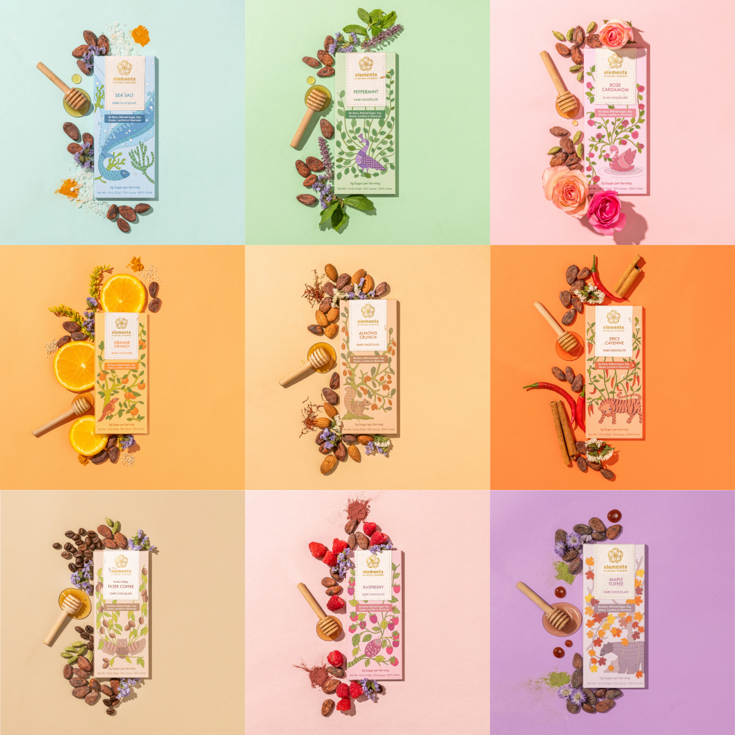 Collage of various product packages with natural elements on a colorful background