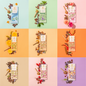 Collage of various product packages with natural elements on a colorful background