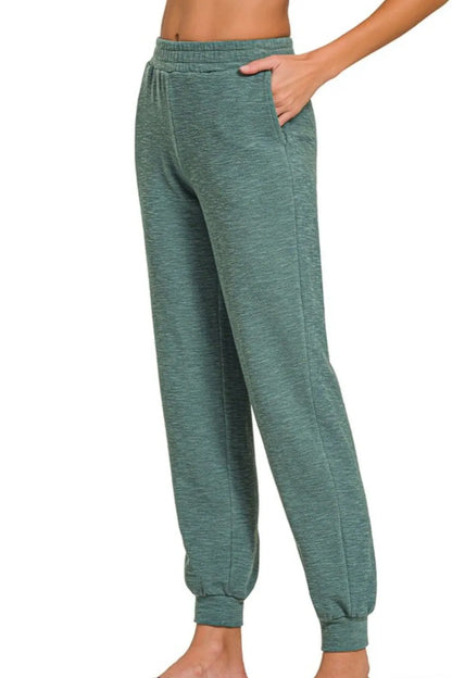 Zenana Cotton Slub Jogger Pants in Jade