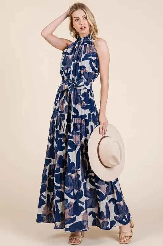 Lime and Chili Maxi Dress - Abstract Halter Neck Tie-Waist Tiered Design