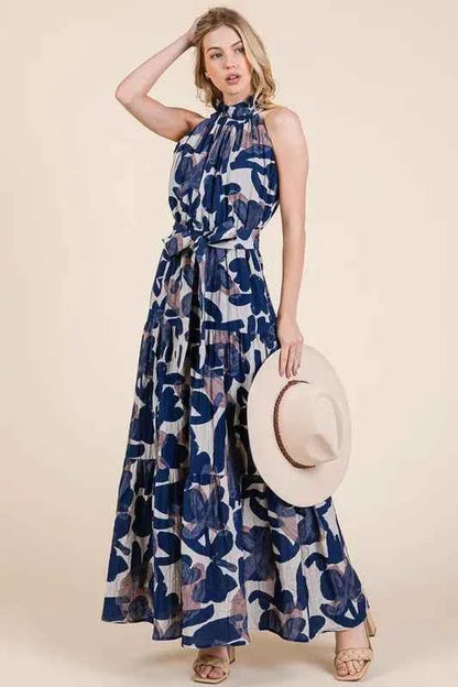 Lime and Chili Maxi Dress - Abstract Halter Neck Tie-Waist Tiered Design