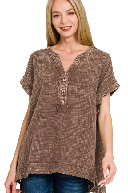 Zenana Washed Double Gauze 3/4 Button Henley Neck Shirt
