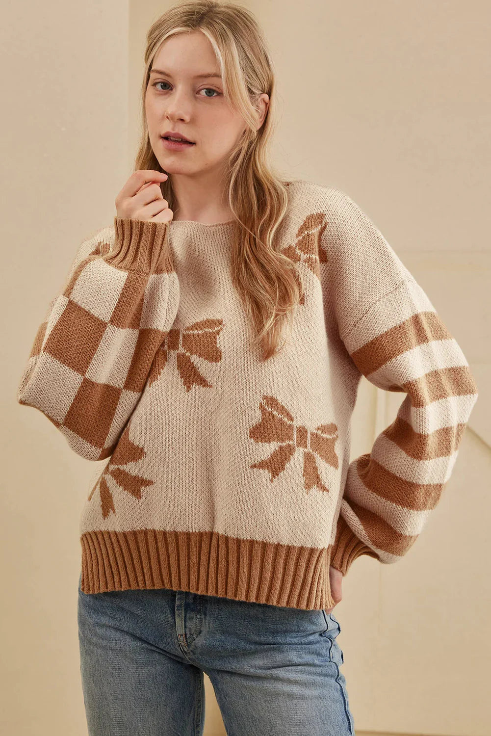 Straw Yellow Striped Checkered Sleeves Bow Print Knit Sweater