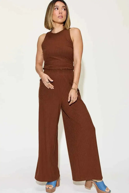 Ribbed Tank and Pants Set with Wide Leg Style