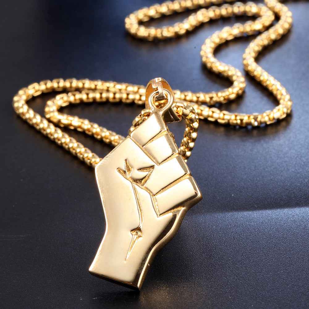 Mens Gold Fist Pendant Necklace in Titanium Steel with Gold Finish