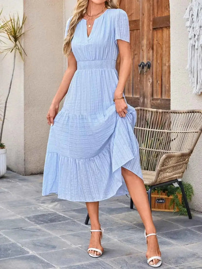 Tiered Notched Short Sleeve Dress