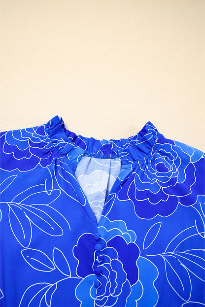 Blue Floral Print Ruffle Hem V Neck Flowy Mini Dress