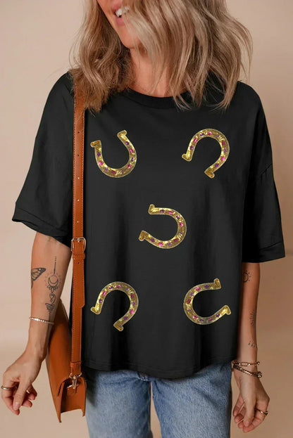 Black Western Shiny Horseshoes Pattern High Low Hem Casual T Shirt