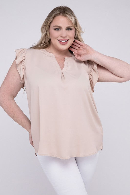 ZENANA Plus Woven Wool Peach Ruffled Sleeve High-Low Top