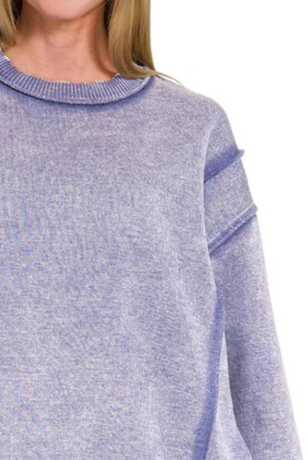 Zenana Acid Wash Exposed-seam Fleece Sweatshirt in Marlin
