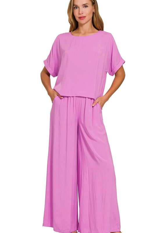 Zenana Round Neck T-Shirt and Wide Leg Pants Set in Mauve