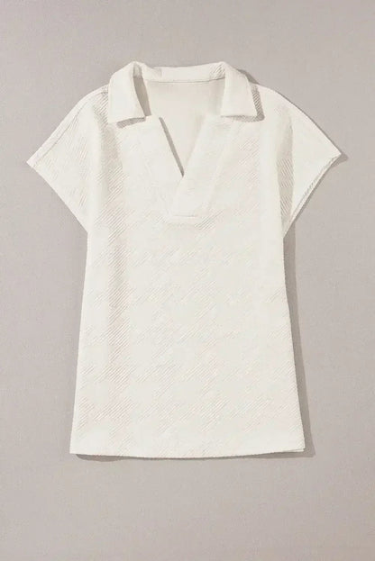 White Textured V Neck Collared Split Hem T Shirt