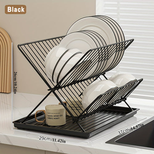 1pc Modern 2-Tier X-Shape Foldable Dish Drying Rack - Space-Saving
