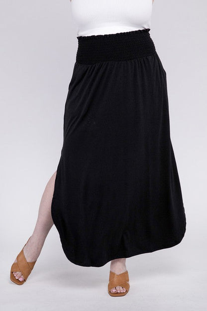 ZENANA Plus Smocked Waist Side Slit Maxi Skirt w/ Pockets