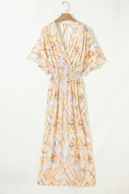 Multicolour Geometric Print Half Sleeve High Waist Maxi Dress