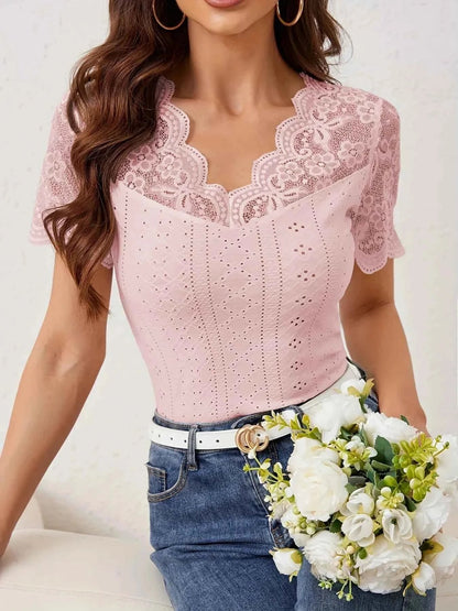 Lace Trim Eyelet Embroidered Summer T Shirt