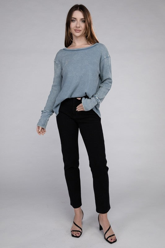 ZENANA Washed Baby Waffle Long Sleeve Top