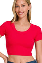 Zenana Ribbed Scoop Neck Crop Short Sleeve Top in Ruby