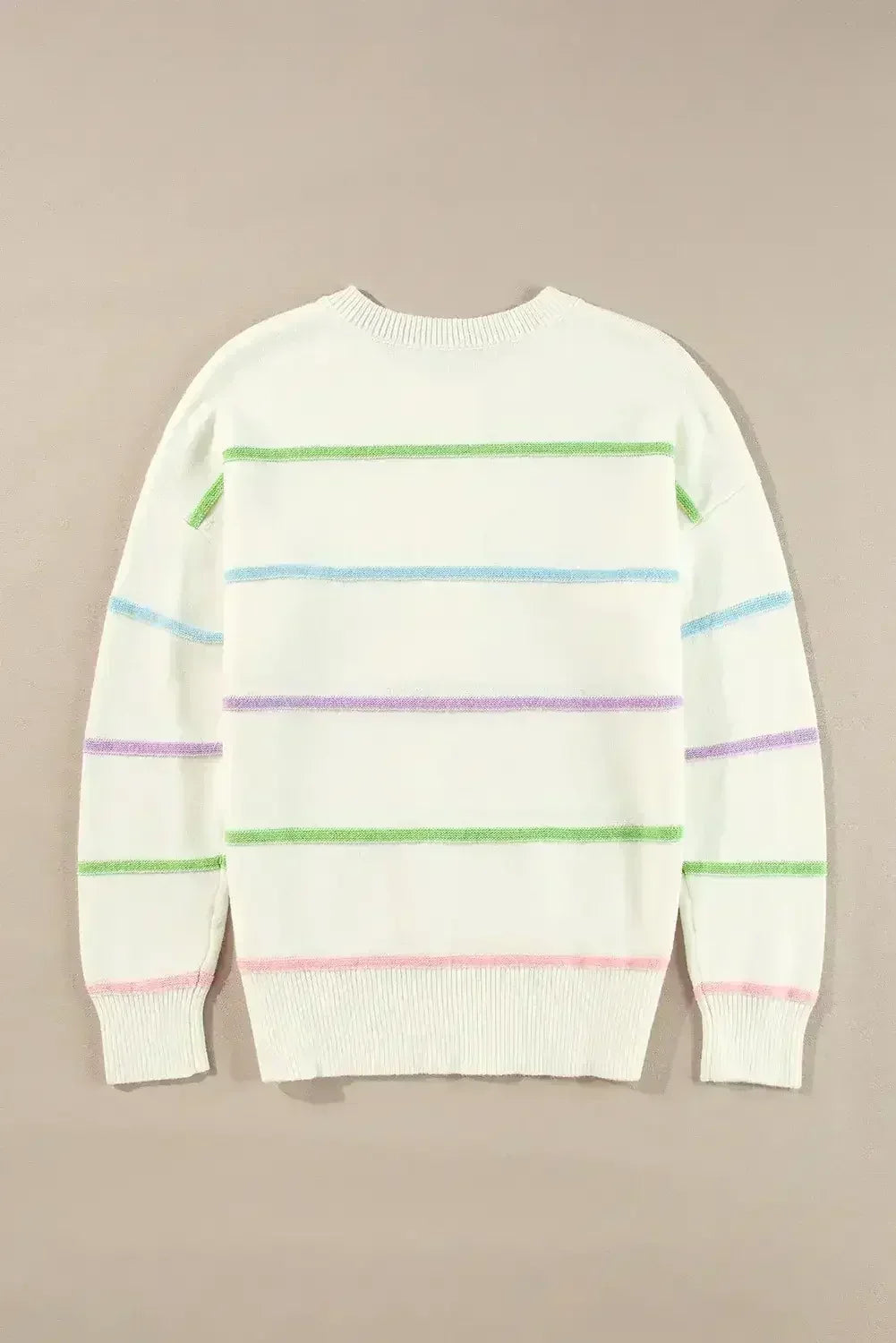 White Rainbow Striped Drop Sleeve Henley Sweater