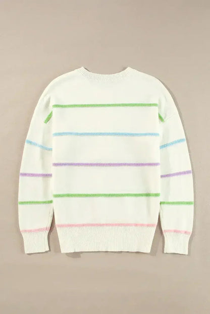 White Rainbow Striped Drop Sleeve Henley Sweater