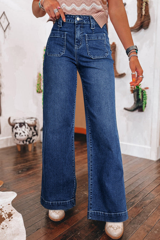Sail Blue High Waist Women's Jeans with Wide Legs and Pockets