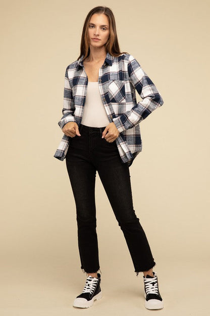 ZENANA Cotton Plaid Shacket With Front Pocket