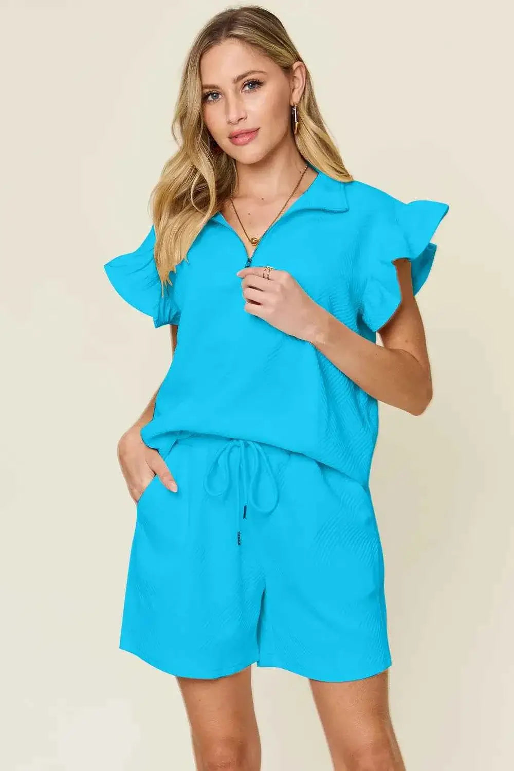 Plus Size Flounce Sleeve 2 piece top and shorts set