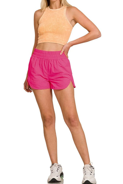 Zenana Windbreaker Smocked Waistband Running Shorts in Pink