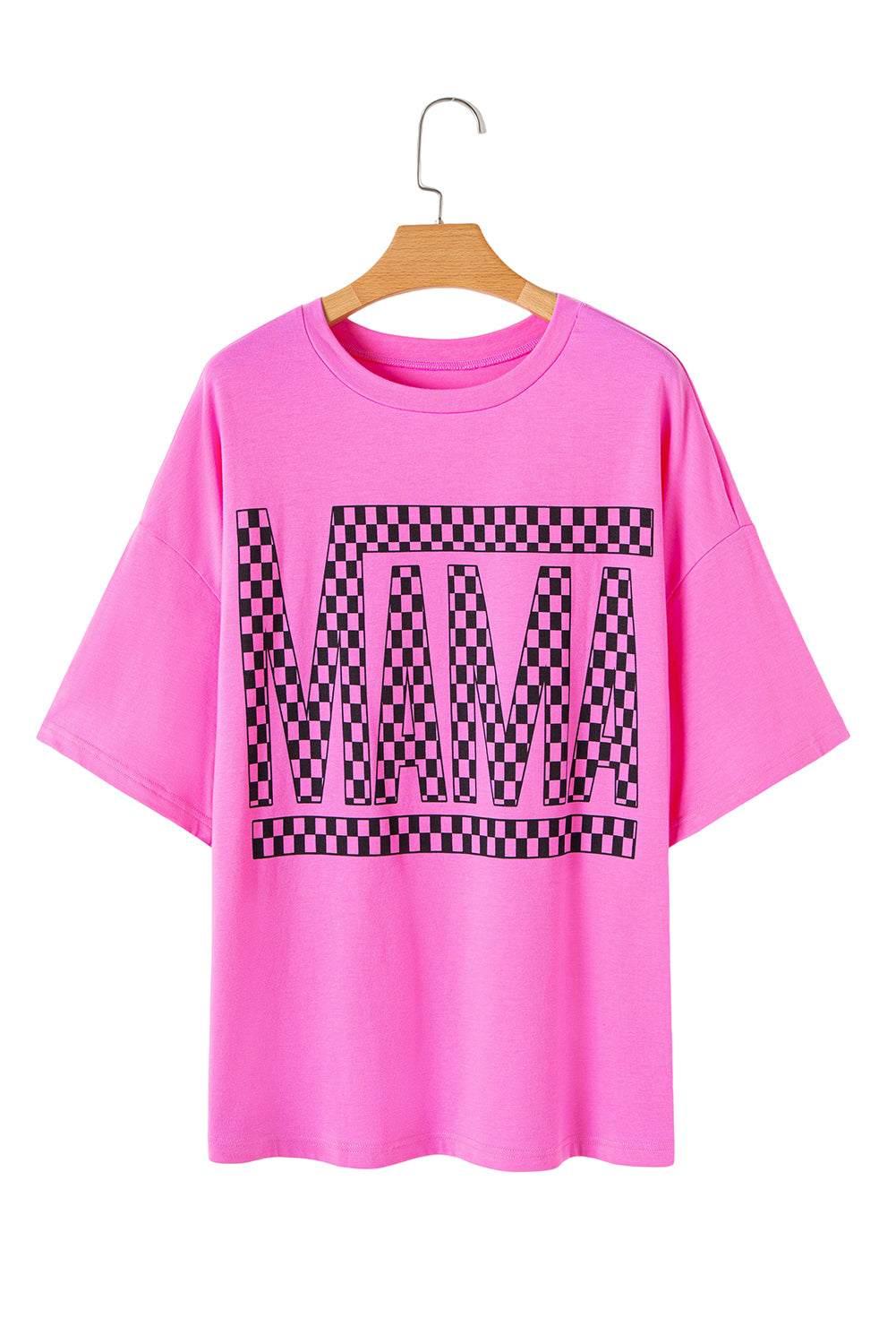 Bright Pink Checkered MAMA Letter Print Plus Size T Shirt
