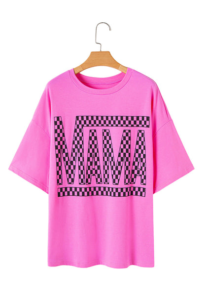 Bright Pink Checkered MAMA Letter Print Plus Size T Shirt