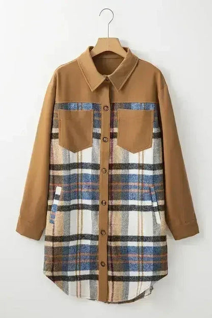 Khaki Plaid Patchwork Long Sleeve Mini Dress with Pockets