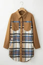 Khaki Plaid Patchwork Long Sleeve Mini Dress with Pockets