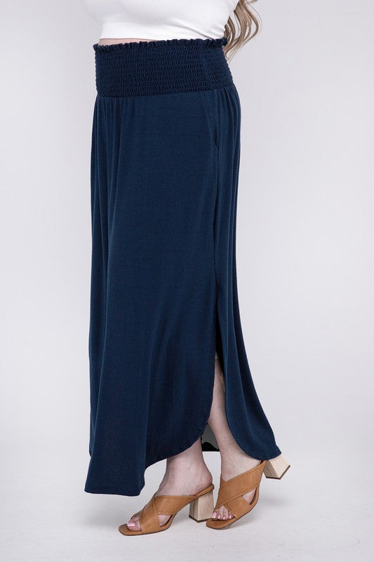 ZENANA Plus Smocked Waist Side Slit Maxi Skirt w/ Pockets