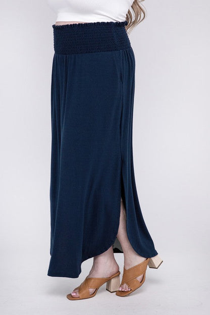 ZENANA Plus Smocked Waist Side Slit Maxi Skirt w/ Pockets