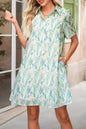 Green Floral Half Button Short Sleeve Mini Dress