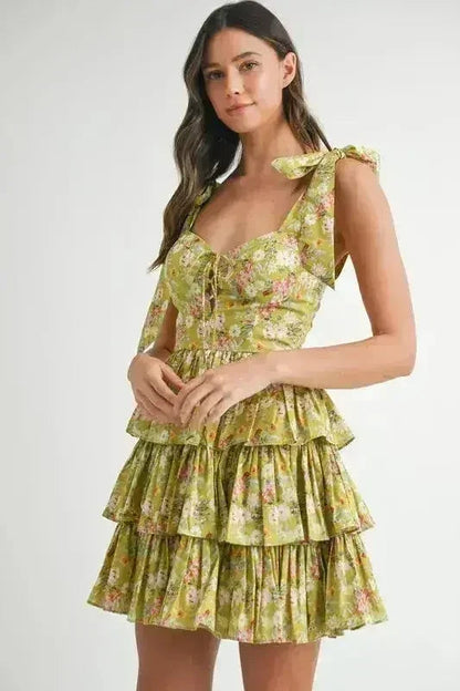 MABLE Floral Mini Dress – Adjustable Shoulder Tie Layered Design