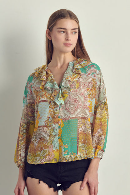 Ruffled V-Neck Patchwork Blouse | Apparel | Kitchen + Metal