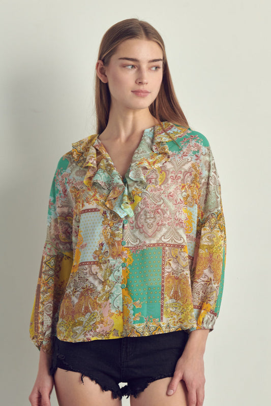 Ruffled V-Neck Patchwork Blouse | Apparel | Kitchen + Metal