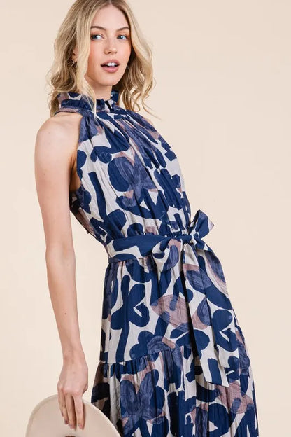 Lime and Chili Maxi Dress - Abstract Halter Neck Tie-Waist Tiered Design