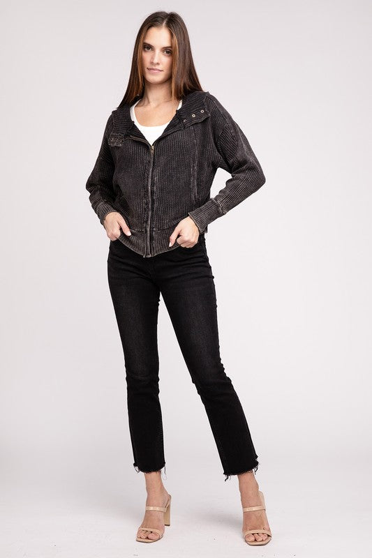 ZENANA Acid Wash Cotton Waffle Hooded Zip-Up Jacket
